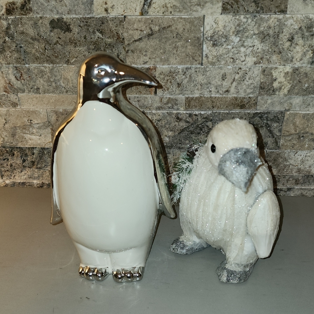 Christmas Decoration Silver and White Penguin Figurines